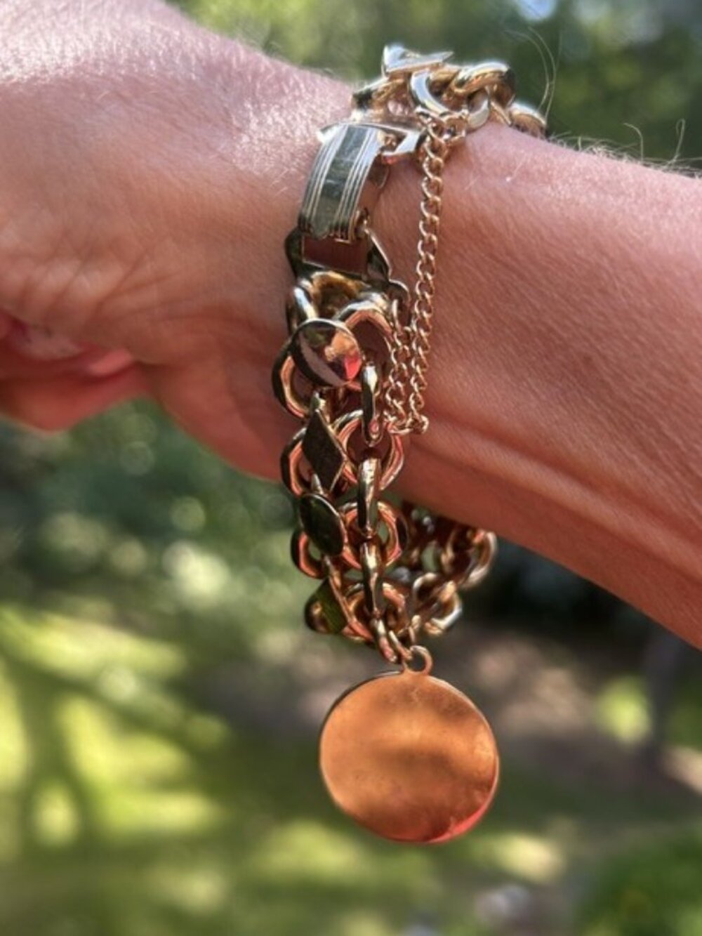 VINTAGE Chunky Gold Link Charm BRACELET with Safety Chain